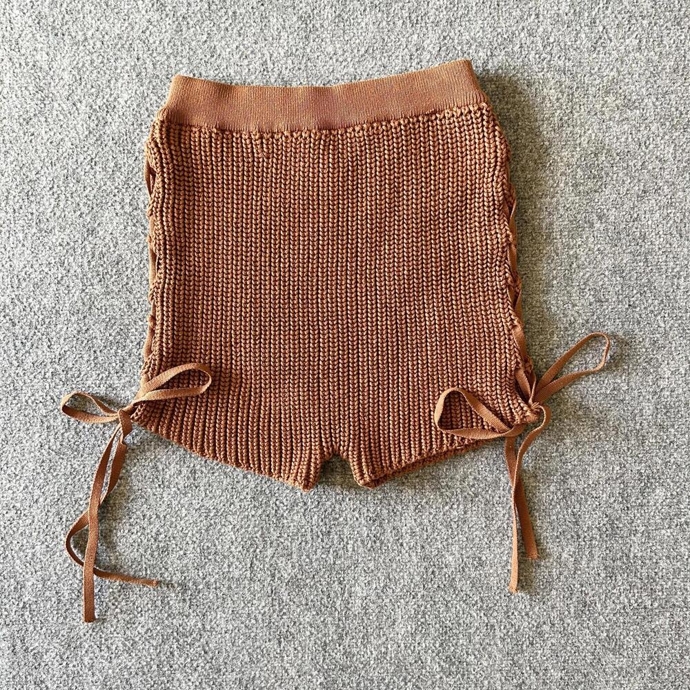 Her Bottari Brown Knit Knitted Crochet Lace Up Short Shorts Women's Large